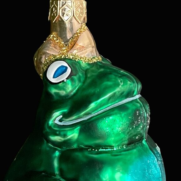 Vintage Hand Blown Glass Christmas Ornament Green Prince Frog Crown 4.5” - Picture 7 of 9
